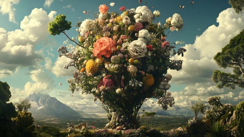 Floral tree structure rises over mountainous valley landscape
