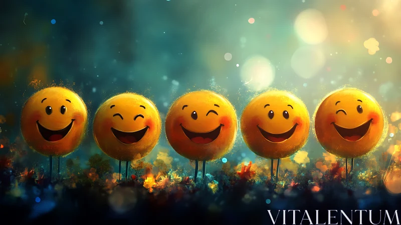 Row of glowing 3D smile spheres rendered with soft bokeh lighting