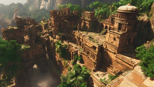 Sunlit sandstone jungle citadel in deep canyon environment