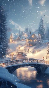 Snow covered village with lit houses and bridges at dusk
