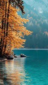 Golden shoreline trees whisper into a turquoise mountain lake