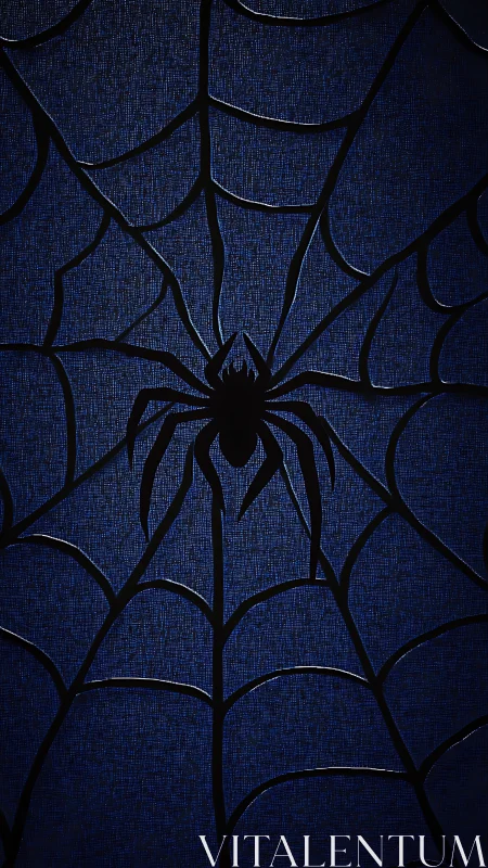 Radial spider silhouette within textured midnight web pattern.