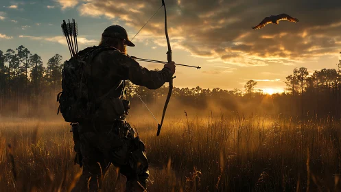 Silhouetted archer in grassland during low sunrise light.