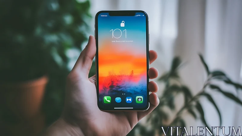 Locked iPhone displaying sunset gradient lock screen in hand.