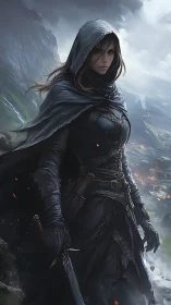 Storm-cloaked rogue sentinel above smoldering valley frontier.