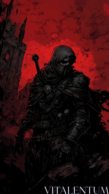 Hooded armored figure before fortress under red sky.