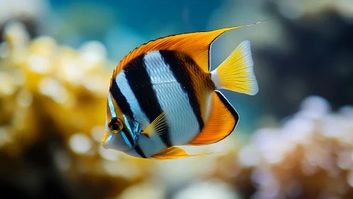 Colorful reef butterflyfish swims past blurred corals