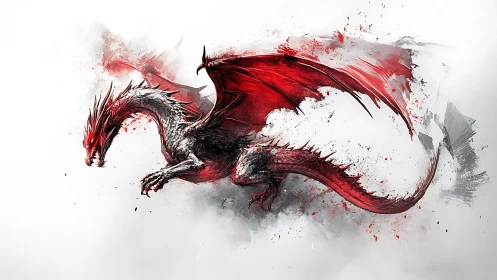 Red dragon rendered with dynamic brush strokes on white ground