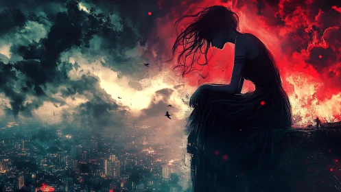 Silhouetted figure over bifurcated storm-lit cyberpunk metropolis.