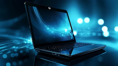 Sleek modern laptop glows on glossy surface in blue light