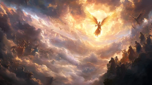 Winged central figure ascends above clouds amid assembled forms