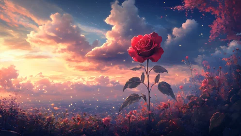 Solitary crimson rose negotiates with a dreaming sky