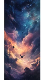 Astrophysical cloudscape with silhouetted avian trajectories.