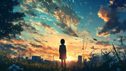 Silhouetted figure observes urban skyline under layered sunset sky