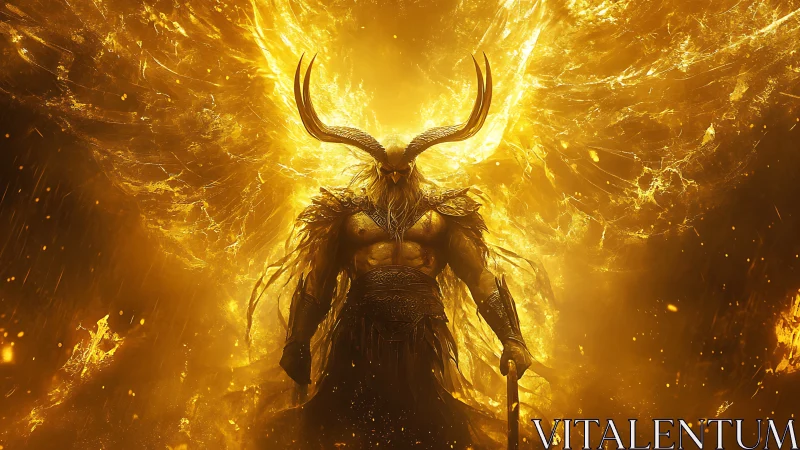 Golden horned guardian rising from a storm of firelight.