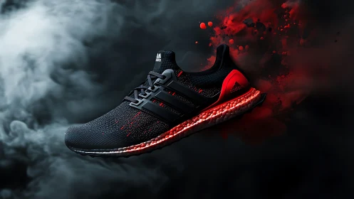 Dynamic black running shoe with red cushioning and vapor clouds