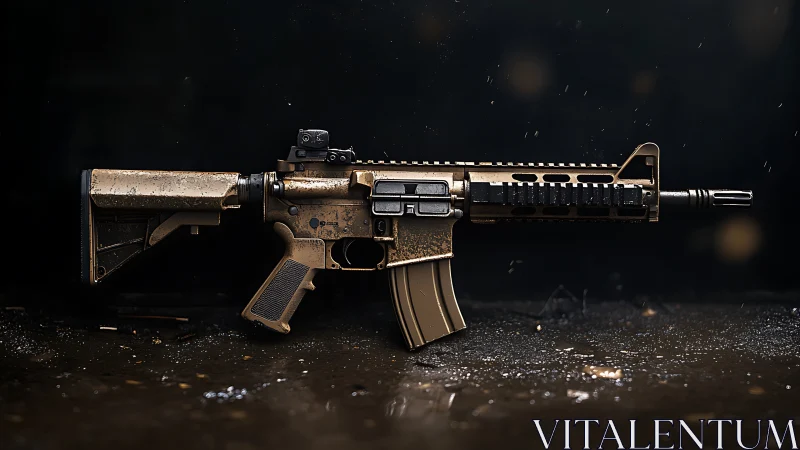 Tactical rifle in wet studio setting with cinematic lighting.