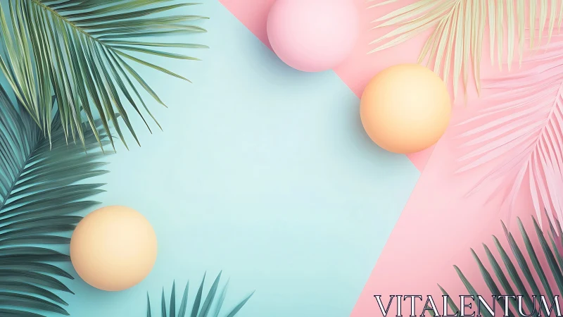 Pastel palm leaves with geometric spheres on split background.