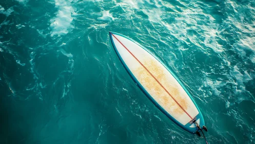 Lonely surfboard lounges atop swirling turquoise water