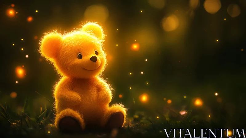 Luminous plush bear amid volumetric firefly bokeh field.