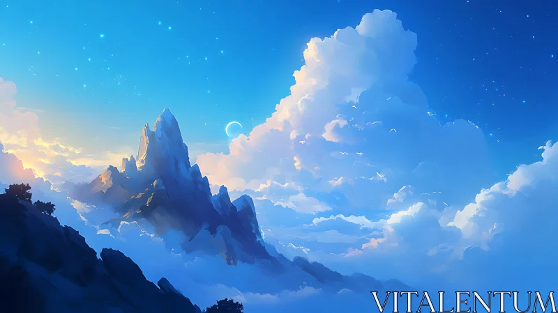 Dream-lit mountain peaks drifting through a sky sea.
