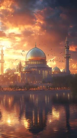 Golden sunset mosque glowing softly beside calm water.