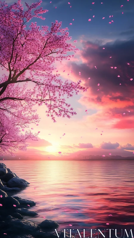 Digital painting of cherry blossom coast at radiant sunset.