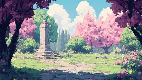 Spring monument clearing with cherry blossoms and stone path