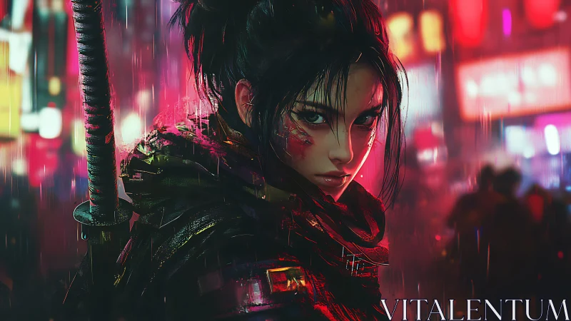 Female cyberpunk warrior in rainy neon city alley.