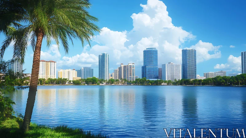 Sunlit skyline serenade across a glassy blue lakeshore.