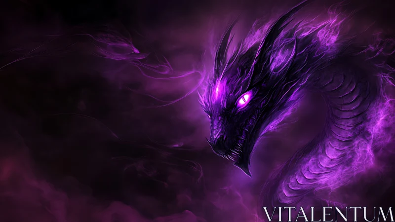 Purple spectral dragon head emerges from dark vapor field