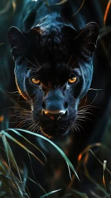 Black Panther with Amber Eyes in Neon-Lit Jungle Foliage