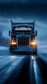 Heavy semi truck with LED headlights crossing icy winter highway