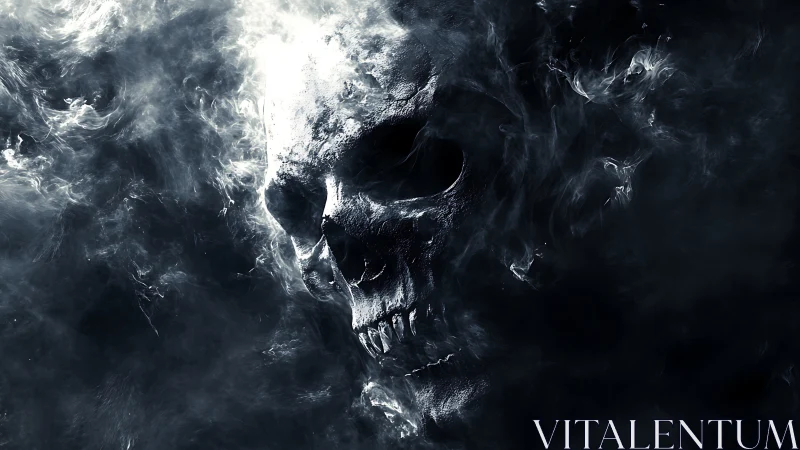 Smoky skull apparition emerging from dark void background.