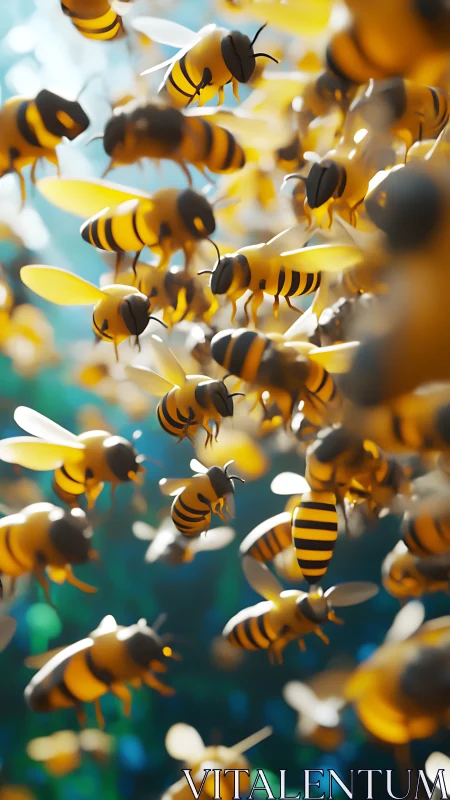 Swarm of stylized honeybees in luminous forest airspace.