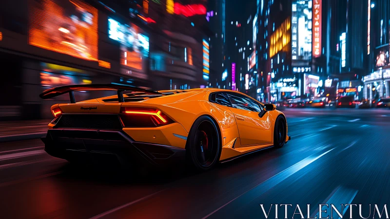 Golden supercar gliding through neon city night streets.