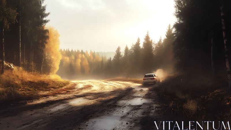 Sunlit forest rally car speeds along wet autumn dirt road