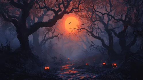 Moonlit forest path with jack-o-lanterns and silhouettes.