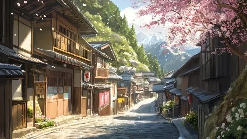 Sunlit mountain village street lined with wooden houses