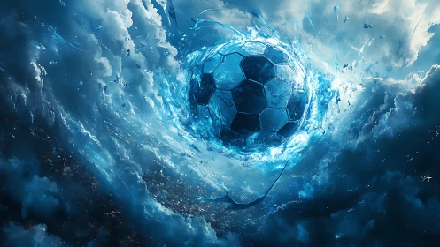 Cosmic water soccer ball explodes through storm clouds.