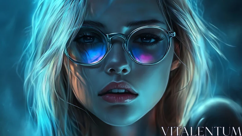 Neon lit portrait of blonde woman with reflective glasses.