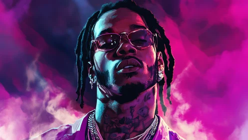 Digital portrait of confident rapper in neon smoke glow.