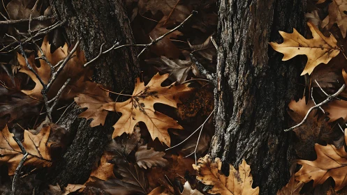 Autumn oak leaves gather around textured tree bark trunks.