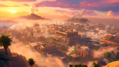 Sunlit desert cityscape glows through rising morning mist.