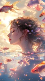 Dreamy girl floats with gentle goldfish in glowing water