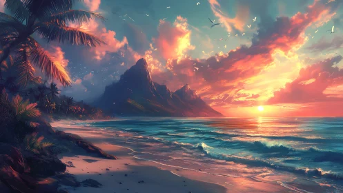 Tropical shoreline glows beneath radiant fantasy sunset sky.