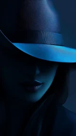 Woman in shadowed fedora under cool blue studio light.
