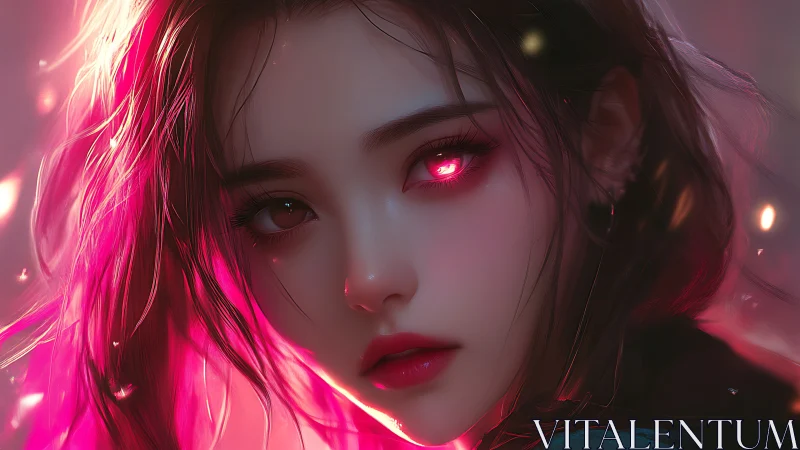 Neon-eyed heroine gazes through glowing pink embers.