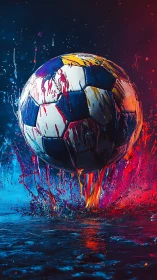 Paint-splashed soccer ball explodes through neon water light