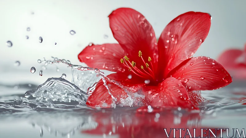 Crimson Flower Immersed in Water Splash Motion